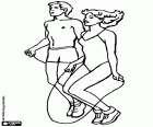 A couple doing physical exercise by jumping rope. The jump rope is a physical activity that is used as training for other sports