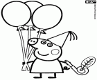 Peppa Pig on her birthday party with some inflatable balloons, a paper hat and a party horn
