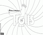 A poster of the film Trolls to coloring. A troll hiding behind of the logo. The psychedelic background to represent the variety of colours of the hair of the trolls