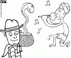 An adventurer with hat and scarf around the neck in a distant country. The adventurer is near a snakes charmer