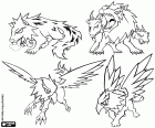 Four mythical creatures, four beasts, Black dog, Chimera, Hippogriff, Griffin