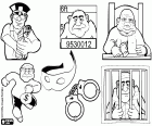 A coloring page with all the characters and elements of this adventure of crime and justice. The police agent, the judge and the criminal in different situations