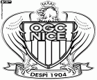 Shield of Olympique Gymnaste Club de Nice Côte d'Azur, OGC Nice, football club with headquarters in Nice, tourist city with coast to Mediterranean sea on the Côte d'Azur, capital of the Alpes-Maritimes Department in the southeast of France