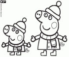 The brothers Peppa Pig and George Pig with warm clothes in winter. Peppa and George wearing coat, scarf and hat