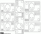 A coloring sheet with banknotes issued by the Bank of Pypus: 3 banknotes of 50, 2 banknotes of 100, 2 banknotes of 200 and 1 banknote of 500