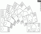 A coloring page with the seven banknotes of the Bank of Pypus in a fan-shaped deployment