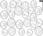 An assortment with different coins of Pypus, three coins of each type for a total of 24 coins arranged randomly