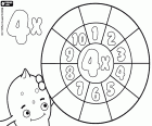 The octopus Pypus with the multiplication wheel of the 4 in blank, multiplications to resolve