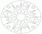 A mandala of circular perimeter formed by two central concentric stars and other decorative stars in the outer strip