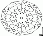 A mandala of polygonal shape with a central flower and outer main ring formed by a sequence of hearts and circles