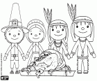 The historical protagonists of Thanksgiving Day, settlers and indigenous with the hearty meal, the stuffed turkey