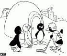 The penguin Pingu and his friends near the igloo