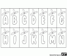 The first coloring page of the Christmas alphabet decorated with holly sprigs, the letters in bubble style from A to N. Each letter within a rectangle with holly leaves