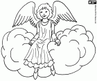 A happy Christmas angel with outstretched wings is sitting on a cloud