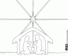 A schematic representation of the crib with the sacred family. Joseph and Mary beside the cradle of the child Jesus under the radiant light of the Bethlehem star