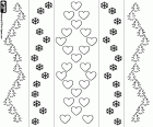 Christmas pattern with vertical stripes decorated with fir trees, snowflakes and hearts