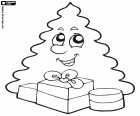 A smiling Christmas tree with gifts