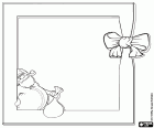 A frame with blank canvas to customize at Christmas. The frame is decorated with a decorative bow and the figure of Santa Claus in a corner