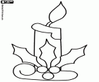 A coloring page with a single Christmas candle with the typical holly decoration