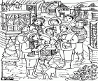 The carols are the typical songs of Christmas. A group of children together with a dog are singing Christmas carols at the street