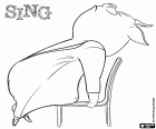 Gunter the pig with a chair. Gunter is doing the warming exercises for the dance. A character from Sing the movie