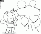 A young boy with a scarf in the celebration of the arrival of the new year with inflatable balloons and a space for customizable text
