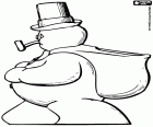 A snowman with a pipe, with a top hat and a sack on his back, side view