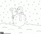 A strong snowfall falls over a lonely snowman