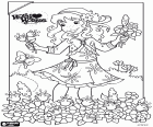 A coloring page of Holly Hobbie happy with spring flowers