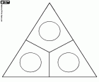 A triangle with the complementary and basic colors. A triangular scheme for the basic colours with three circles for their complementary colors