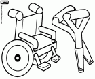 Two elements of aid for the mobility of people: a wheelchair and two crutches