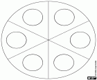 Chromatic diagram for six combinations of colors. A circle divided in six equal parts with a six smallest circles
