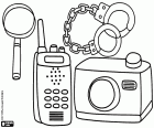 Some working instruments of a detective for a research: a magnifying glass, a walkie-talkie, some handcuffs and a camera