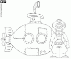 The diver with a standard diving dress and a diving helmet beside the submarine of the adventure