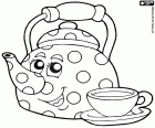 A teapot with a great smile and a cup for the tea