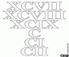 To end with the educational sheets for coloring and learning all the Roman numerals up to one hundred. Here we have the Roman numbers corresponding to the numbers 97, 98, 99, 100, 101 and 102