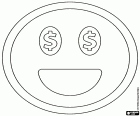 The emoticon of happiness with the money. Smiley is thinking about the money that can obtain. A Smiley face with a large smile and the dollar symbols in the eyes