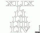 In this educational sheet about roman numeric system, the Roman numbers 49, 50, 51, 52, 53 and 54