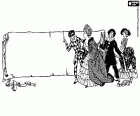 A coloring page with a large banner to customize and a group of disguised characters in a vintage Carnival