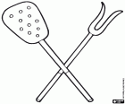 Two kitchen utensils for the barbecue. A spatula or slotted spoon and a meat fork. The barbecue utensils have long handles to avoid burns