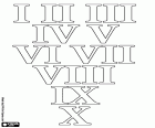 The first ten Roman numerals corresponding to the numbers 1, 2, 3, 4, 5, 6, 7, 8, 9 and 10