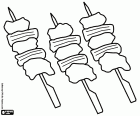 The brochettes are several meat pieces on a skewer, a thin metal or wood stick. For the skewers elaboration you can combine different types of meat with vegetables. Mixed brochettes ready for barbecue