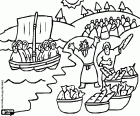 A scene of the miracle of the loaves and fishes multiplication. A large crowd had followed Jesus beside the sea of Galilee. Jesus feeds all of them with loaves and fishes