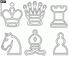 The six symbols representing the six types of chess pieces. King, Queen, Rook, Knight, Bishop and pawn