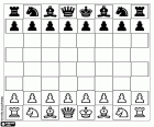 A chessboard ready to begin a game. All the pieces in their starting positions, the sixteen white pieces and the sixteen black pieces