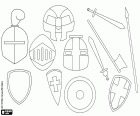 A set of weapons, helmets and shields for the medieval battle