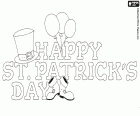 A poster for the celebration of Saint Patrick's day, the patron of Irish people. Poster with text in English "Happy St. Patrick's Day" decorated with a hat and boots of leprechaun and three inflatable balloons