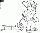 The snow activities are fun for kids during the coldest winters. For example, downhill sledding. A boy dragging his sleigh