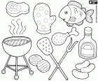 A collection of coloring pages about barbecues with some of the most common products and some essential utensils. A barbecue can be a festive meal as it can be prepared for many diners