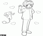 A coloring page with a sign of love and friendship between Sakura and Kero, the two happy characters surrounded by hearts